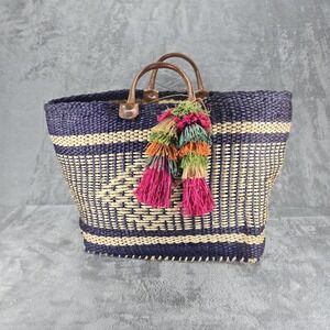 Mar Y Sol Ibiza Tassel Sisal Woven Market Tote‎ Beach Bag Leather Handles Navy
